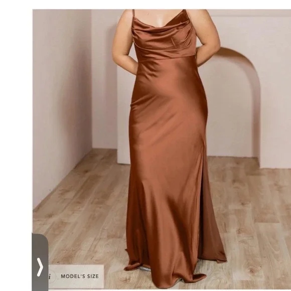 Revelry Skye Satin Cowl Neck Maxi Dress Terracotta Copper Bridesmaid Gown 14 - Picture 2 of 10